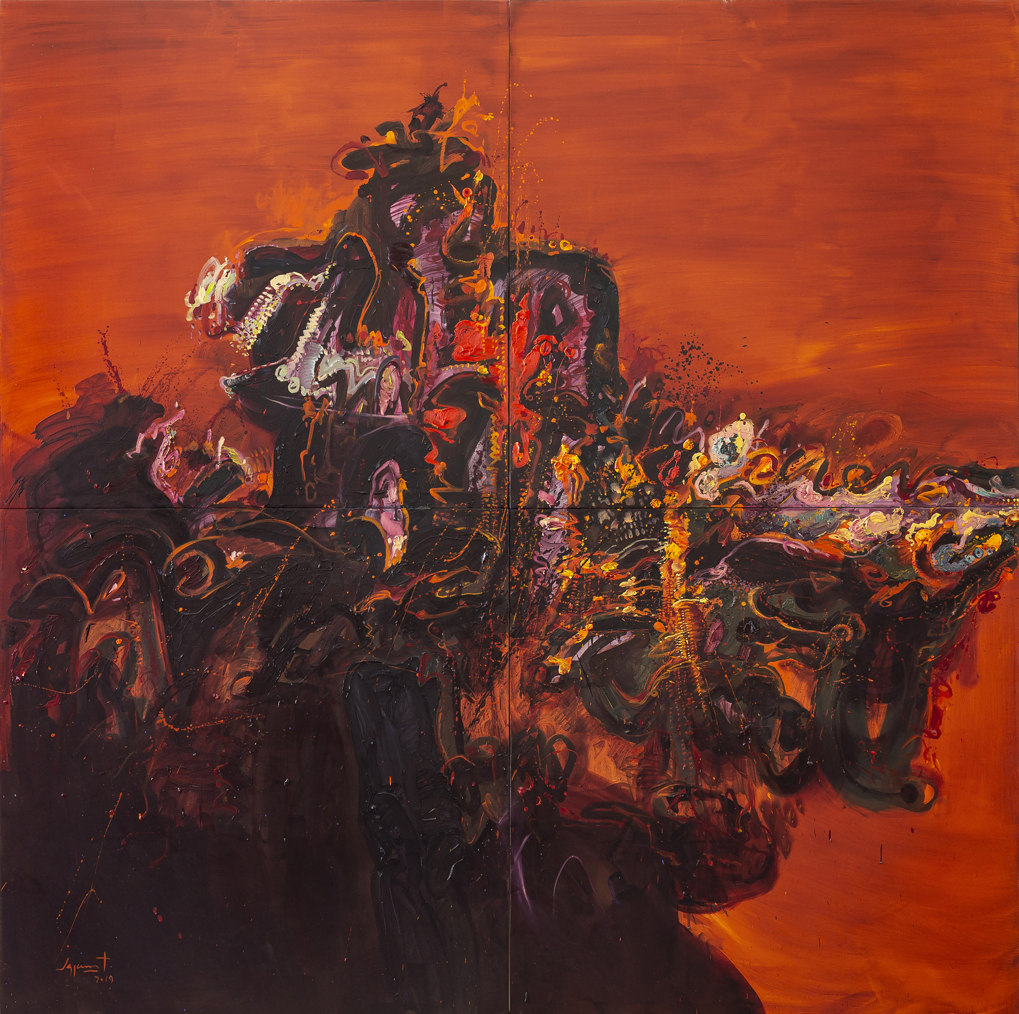 Jazzamoart-Los saxos de Rembrandt. El saxofón y Rembradt, 2019. Oil on canvas. 340x340 cms